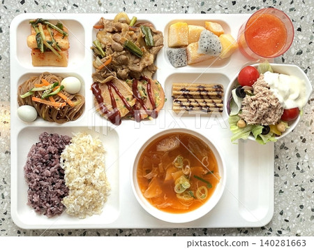 A vibrant spread of Korean food on the table, featuring various banchan (side dishes) like kimchi, pickled vegetables, and seasoned greens. Perfect for food photography, showcasing traditional Korean. A vibrant spread of Korean food on the table, featuring various banchan (side dishes) like kimchi, pickled vegetables, and seasoned greens. Perfect for food photography, showcasing traditional Korean. 140281663