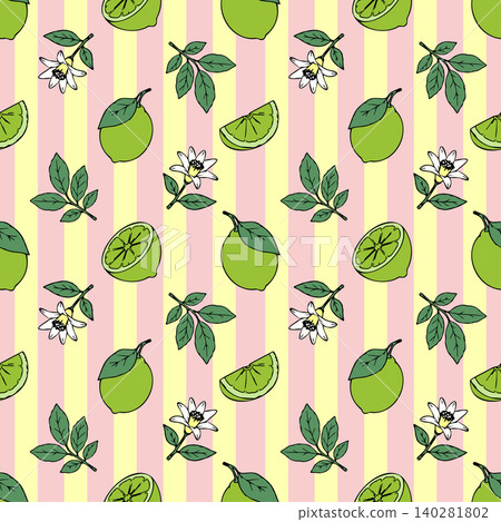 Seamless Lime Pattern with Citrus Blossoms Leaves and Striped Background 140281802