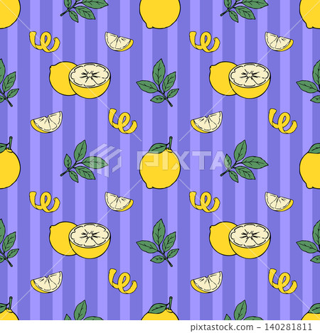 Seamless Lemon Pattern with Citrus Leaves Peel and Purple Striped Background Seamless Lemon Pattern with Citrus Leaves Peel and Purple Striped Background 140281811