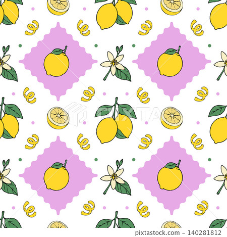Seamless Lemon Pattern with Citrus Blossoms Peel and Decorative Mediterranean Tiles Seamless Lemon Pattern with Citrus Blossoms Peel and Decorative Mediterranean Tiles 140281812