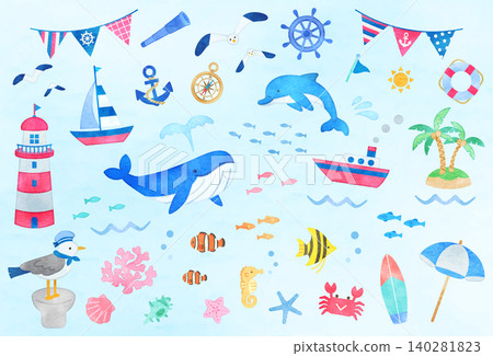 Summer-themed illustrations with a marine theme, hand-drawn watercolor. Summer-themed illustrations with a marine theme, hand-drawn watercolor. 140281823