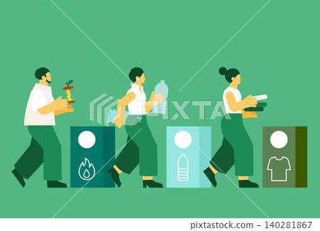 插圖描繪了不同人群從事垃圾分類、衣物回收和堆肥的場景。 140281867