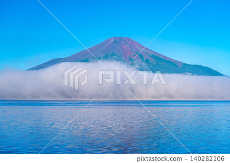 【富士山圖片】從山中湖眺望,沐浴在晨曦中的紅色富士山和雲海【山梨縣】 【富士山圖片】從山中湖眺望,沐浴在晨曦中的紅色富士山和雲海【山梨縣】 140282106