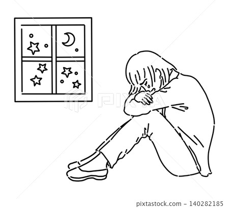 A black and white illustration of a career woman crying with her knees hugged to her chest. A black and white illustration of a career woman crying with her knees hugged to her chest. 140282185