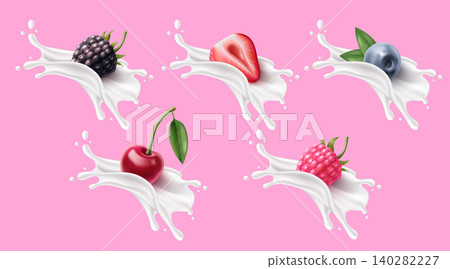 Yogurt splash set with 3D berries isolated on pink Yogurt splash set with 3D berries isolated on pink 140282227