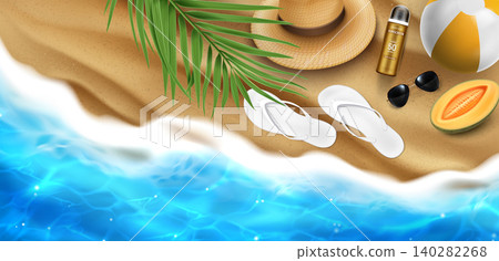 Sandy beach top view bg with sunscreen, sunglasses 140282268