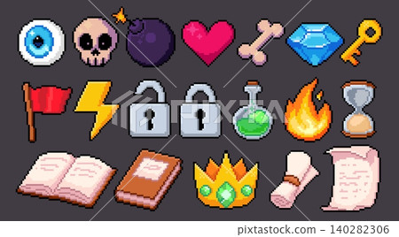 Pixel art game collection of arcade item icons Pixel art game collection of arcade item icons 140282306