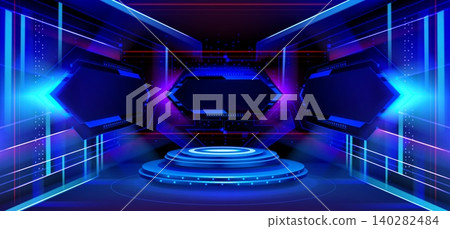 Futuristic digital podium with blue neon screen 140282484