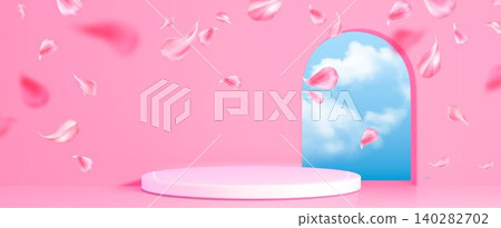 Podium with cherry blossom, flying pink petals Podium with cherry blossom, flying pink petals 140282702