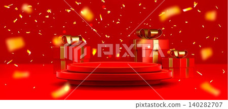 3d round podium, red gift boxes with golden ribbon 3d round podium, red gift boxes with golden ribbon 140282707