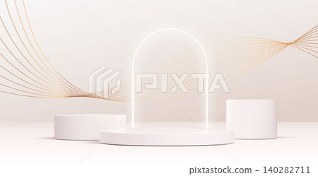 White podium, flowing golden lines and neon arch White podium, flowing golden lines and neon arch 140282711