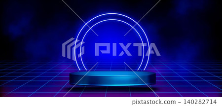 Glowing square stage with neon lights on dark Glowing square stage with neon lights on dark 140282714