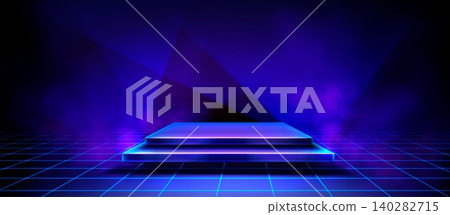 Glowing square stage with neon lights on dark 140282715