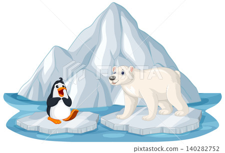 Cartoon Polar Bear and Penguin Standing on Floating Ice Floes 140282752