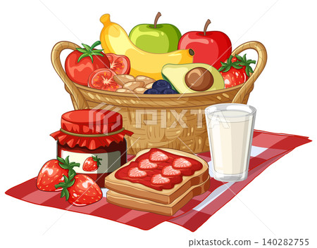 Healthy Breakfast Picnic Basket with Fresh Fruit and Strawberry Jam Toast Healthy Breakfast Picnic Basket with Fresh Fruit and Strawberry Jam Toast 140282755