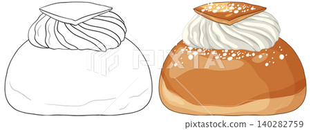 Swedish Semla Bun Vector Illustration in Color and Line Art 140282759