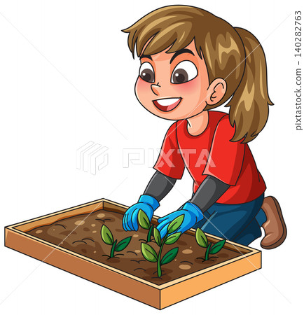 Young Girl Planting Seedlings in a Wooden Garden Tray Vector Illustration Young Girl Planting Seedlings in a Wooden Garden Tray Vector Illustration 140282763
