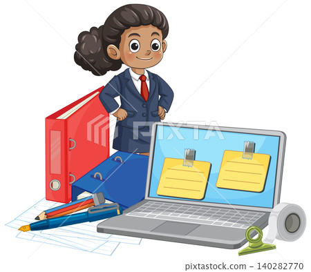 Young Businesswoman Standing with Laptop and Office Supplies Vector Illustration Young Businesswoman Standing with Laptop and Office Supplies Vector Illustration 140282770