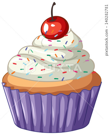 Vanilla Cupcake with White Frosting Sprinkles and a Red Cherry Vanilla Cupcake with White Frosting Sprinkles and a Red Cherry 140282781