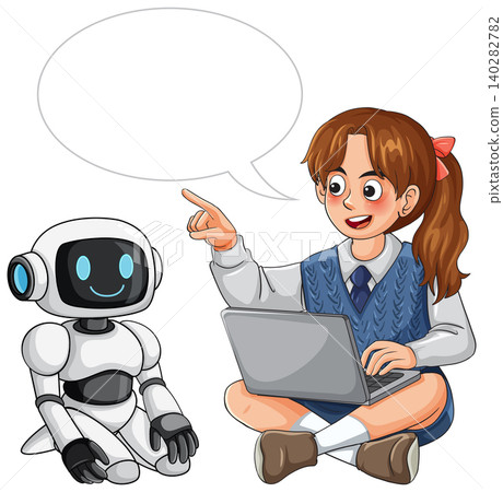 Student Girl with Laptop and Robot Pointing at Empty Speech Bubble Student Girl with Laptop and Robot Pointing at Empty Speech Bubble 140282782