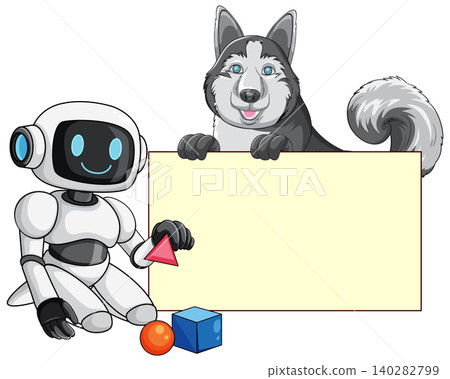 Cartoon Robot and Siberian Husky Dog Holding a Blank Signboard Cartoon Robot and Siberian Husky Dog Holding a Blank Signboard 140282799
