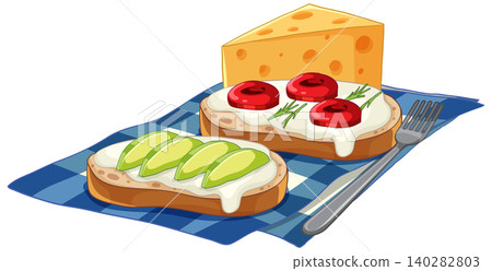 Vector Illustration of Avocado and Tomato Bruschetta with Cheese on Napkin 140282803