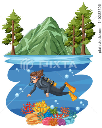 Scuba Diver Exploring Coral Reef Below Mountain Landscape Vector Illustration Scuba Diver Exploring Coral Reef Below Mountain Landscape Vector Illustration 140282806