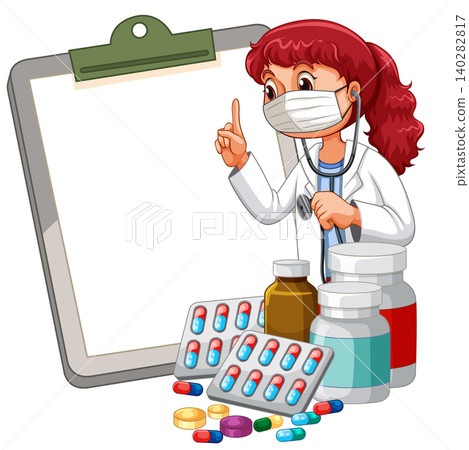 Female Doctor in Face Mask with Clipboard and Medicine Bottles 140282817