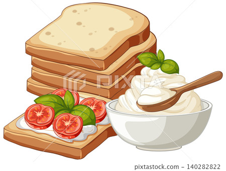 Vector Illustration of Sliced Bread with Cream Cheese and Tomato Topping Vector Illustration of Sliced Bread with Cream Cheese and Tomato Topping 140282822