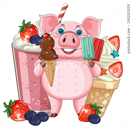 Cute Pink Pig Holding Ice Cream Cone and Popsicles with Milkshake 140282829