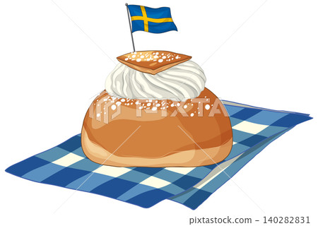 Traditional Swedish Semla Pastry with Whipped Cream and National Flag Traditional Swedish Semla Pastry with Whipped Cream and National Flag 140282831