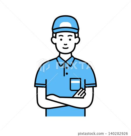 一名送貨員雙手交叉抱在胸前。 一名送貨員雙手交叉抱在胸前。 140282926