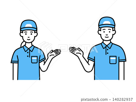 A male and female delivery person giving directions A male and female delivery person giving directions 140282937