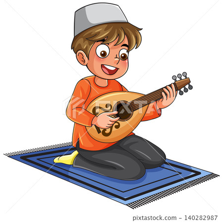 Young Muslim Boy Playing the Oud While Sitting on a Prayer Rug Young Muslim Boy Playing the Oud While Sitting on a Prayer Rug 140282987