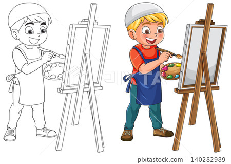 Young Boy Artist Painting on Canvas with Black and White Line Art Young Boy Artist Painting on Canvas with Black and White Line Art 140282989
