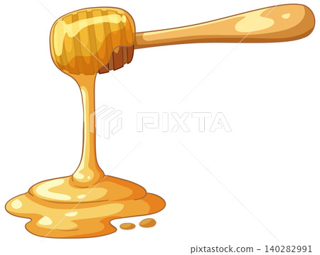 Golden Honey Dripping from a Wooden Dipper onto a Puddle Golden Honey Dripping from a Wooden Dipper onto a Puddle 140282991