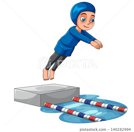 Cartoon Illustration of a Young Boy Diving into a Swimming Pool Cartoon Illustration of a Young Boy Diving into a Swimming Pool 140282994