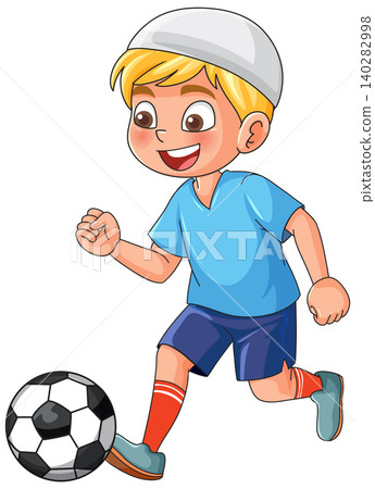 Young Muslim Boy Wearing a Kufi Playing Soccer Vector Illustration Young Muslim Boy Wearing a Kufi Playing Soccer Vector Illustration 140282998