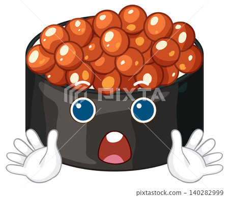 Cartoon Salmon Roe Gunkan Sushi Character with Surprised Facial Expression 140282999