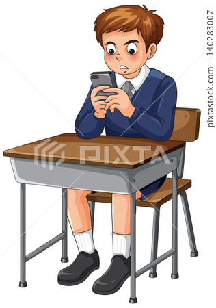 Schoolboy Using Smartphone at Classroom Desk Schoolboy Using Smartphone at Classroom Desk 140283007