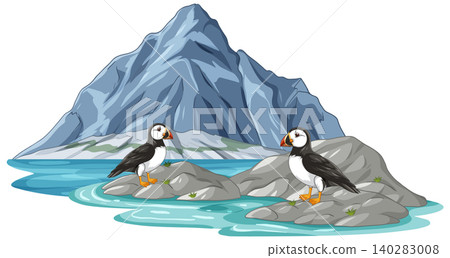 Two Atlantic Puffins Standing on Rocks Near a Large Mountain Two Atlantic Puffins Standing on Rocks Near a Large Mountain 140283008