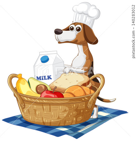 Cartoon Beagle Chef with Picnic Basket of Healthy Breakfast Food Cartoon Beagle Chef with Picnic Basket of Healthy Breakfast Food 140283012