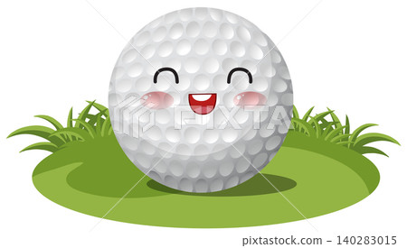 Cute Kawaii Golf Ball Character Smiling on Green Grass Field 140283015