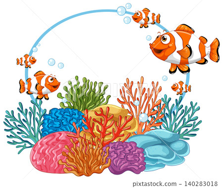 Cartoon Clownfish Swimming Around Colorful Coral Reef Circular Frame Cartoon Clownfish Swimming Around Colorful Coral Reef Circular Frame 140283018