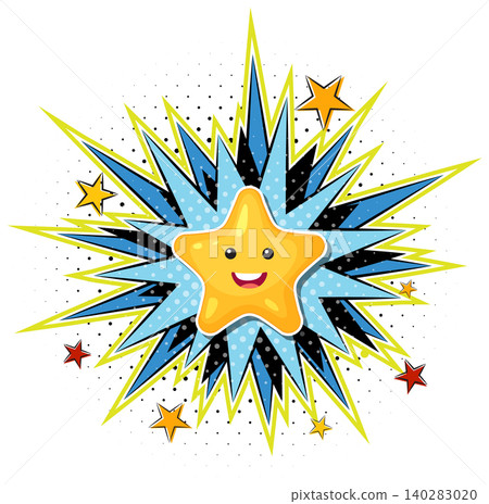 Cute Smiling Star Character with Comic Style Burst Background Cute Smiling Star Character with Comic Style Burst Background 140283020
