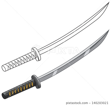 Japanese Samurai Katana Sword Vector Illustration in Color and Line Art Japanese Samurai Katana Sword Vector Illustration in Color and Line Art 140283021