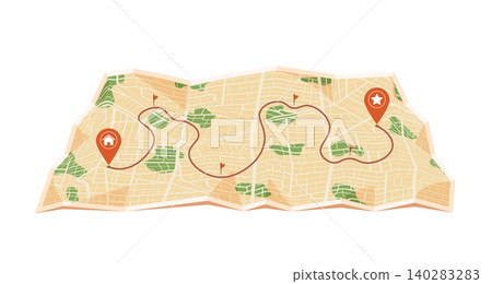 Paper map with red point. Local street gps navigate. City route navigation to marker. Geography distance plan. Vector illustration on white background 140283283