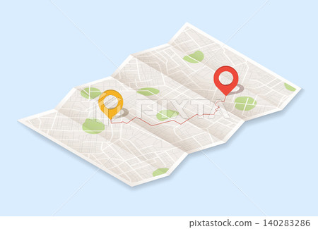 Pins on paper city map. Local street gps navigate. City route navigation to marker. Geography distance plan. Vector illustration on blue background Pins on paper city map. Local street gps navigate. City route navigation to marker. Geography distance plan. Vector illustration on blue background 140283286