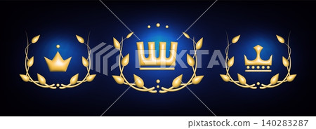 Golden crown icons set with laurel wreath Golden crown icons set with laurel wreath 140283287