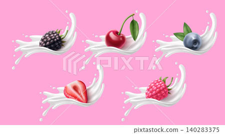 Milk splash set with 3D berries isolated on pink Milk splash set with 3D berries isolated on pink 140283375